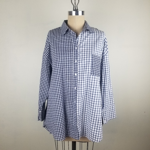 O & O Tops - O & O Oversized Plaid Blue White Long Sleeve Shirt